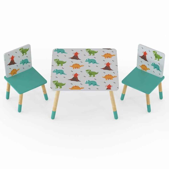 Dickson Wooden Dinosaur Pattern Table And 2 Chairs In Multicolour