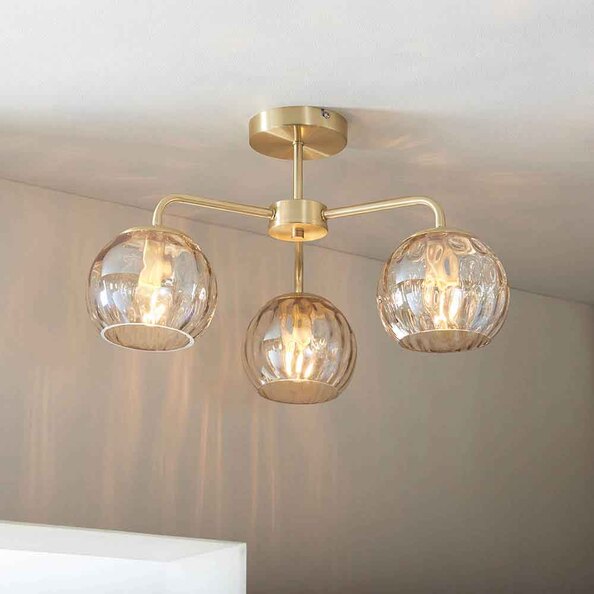 Dimpley 3 Champagne Glass Shade Semi Flush Ceiling Light In Brass