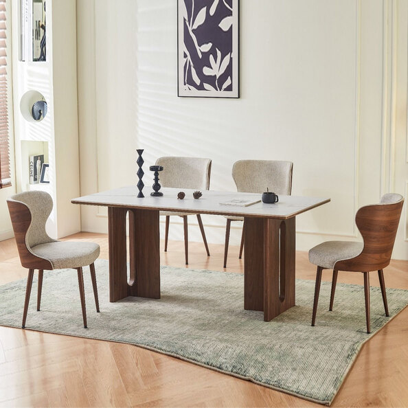 Dintaro White Sintered Stone Top Dining Table with 4 Benvan Fabric Chairs