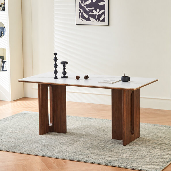 Dintaro White Sintered Stone Top Dining Table with Walnut Base