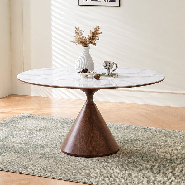 Dorelia White Sintered Stone Top Dining Table with Walnut Base