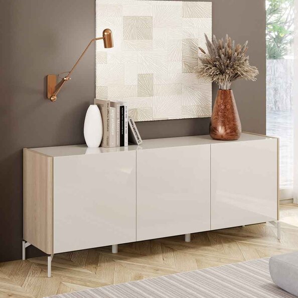 Dorian High Gloss Sideboard with 3 Doors in Tortora Lacquered and Light Oak