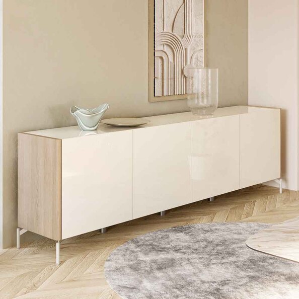 Dorian High Gloss Sideboard with 4 Doors in Tortora Lacquered and Light Oak