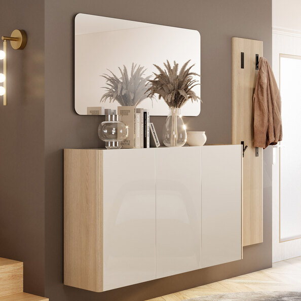 Dorian High Gloss Hallway Furniture Set in Light Oak and Cashmere