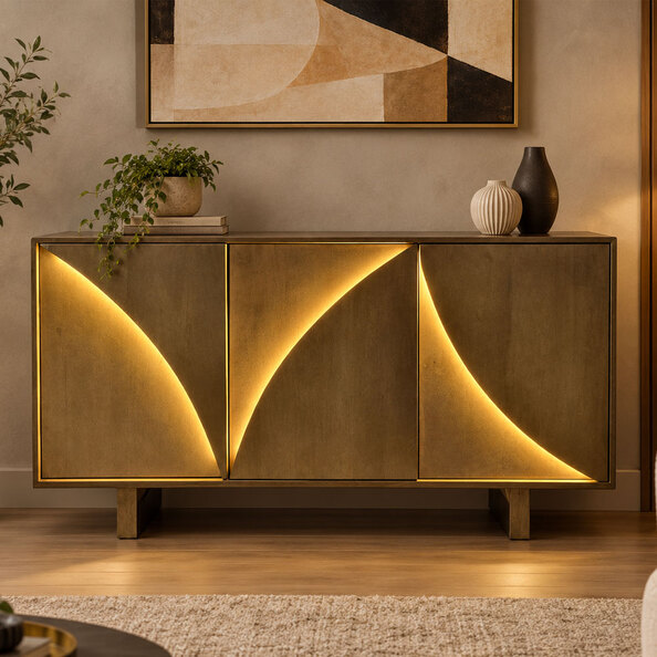 Dorvian Mango Wood Sideboard with 3 Doors in Natural and LED