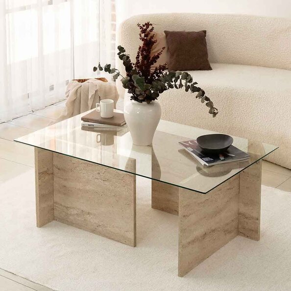 Dorvian Small Tempered Glass Coffee Table with Travertine Marble Effect Base