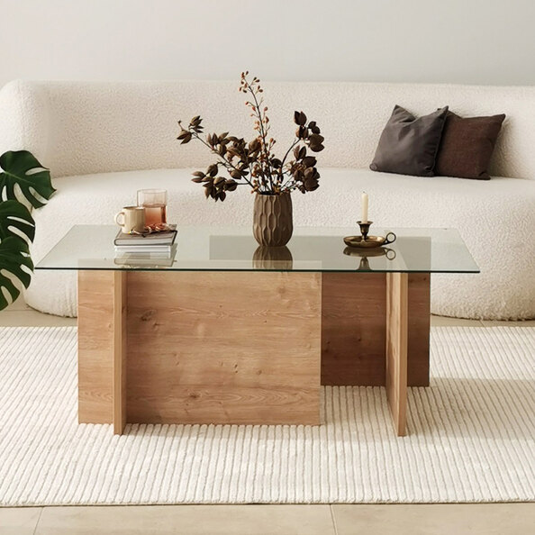 Dorvian Tempered Glass Coffee Table with Sapphire Oak Wooden Base