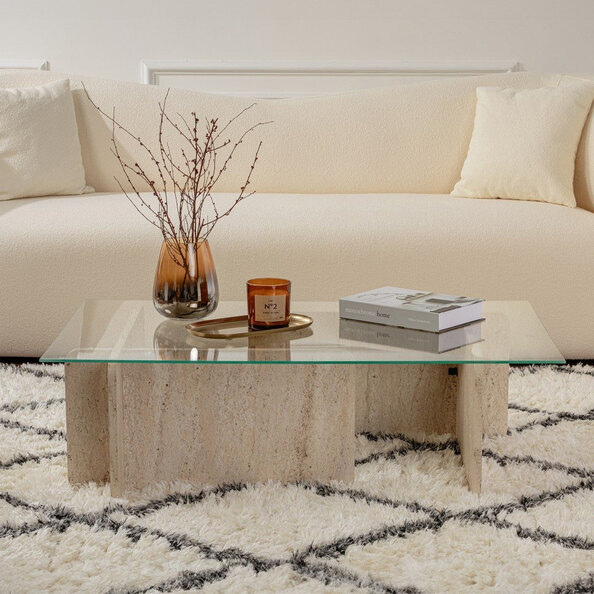 Dorvian Large Tempered Glass Coffee Table with Travertine Marble Effect Base