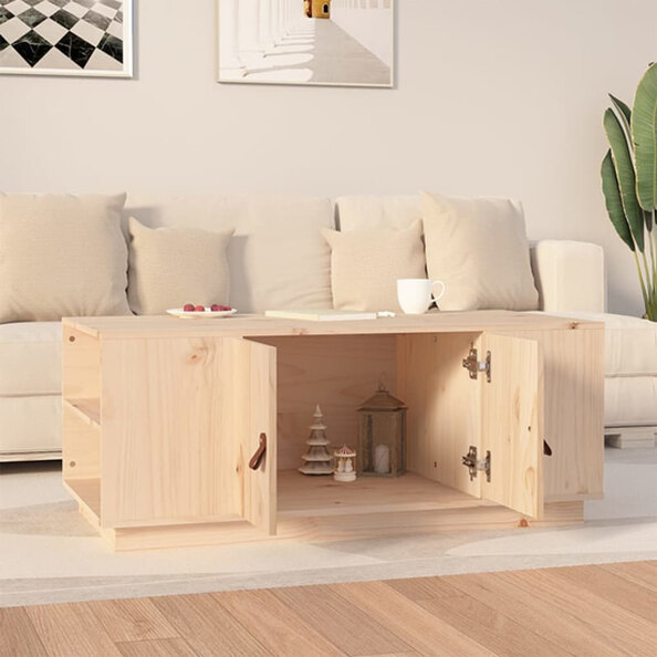 Drika Pinewood Coffee Table With 2 Doors And Shelves In Natural