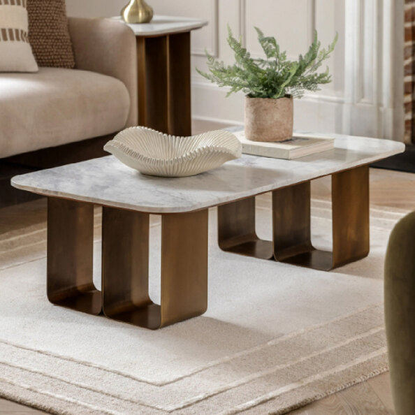Duluth White Marble Top Coffee Table With Gold Base