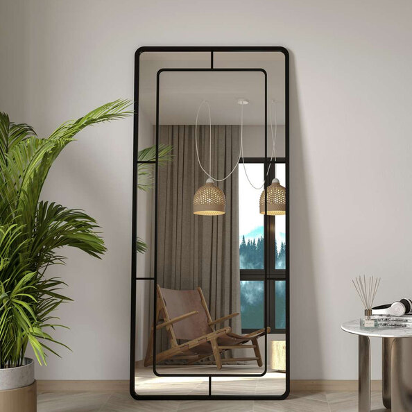 Edgea Glass Wooden Floor Full Length Mirror with Black Metal Frame