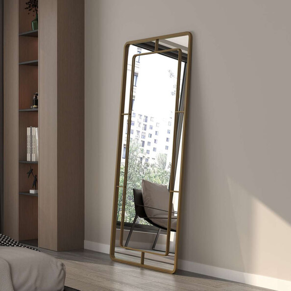 Edgea Glass Wooden Floor Full Length Mirror with Gold Metal Frame