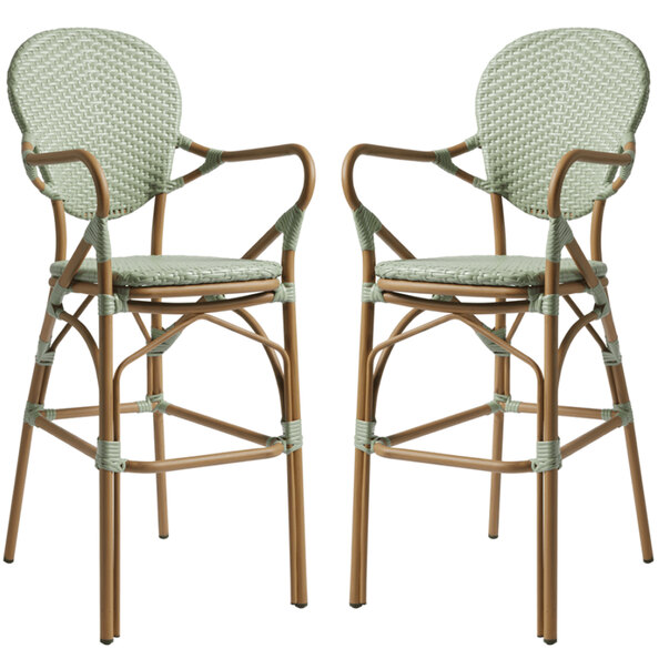 Edinburg Pastel Green Rattan Bar Stools With Wooden Frame In Pair
