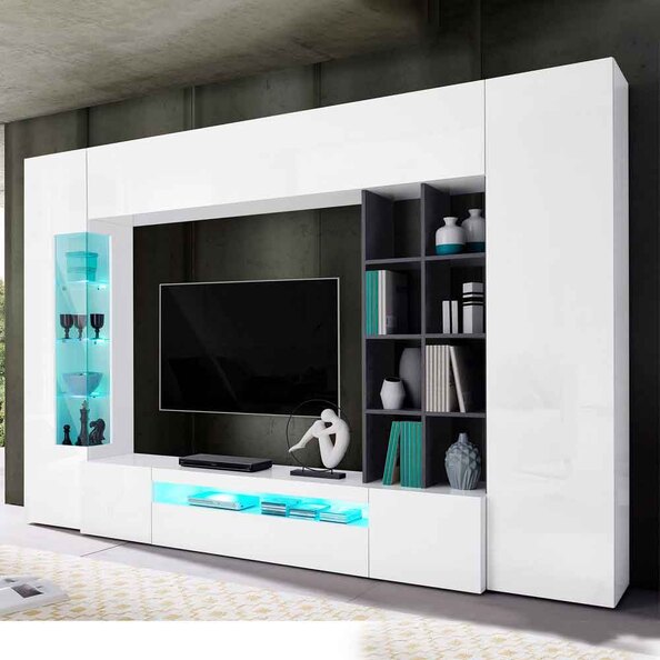 Eindhoven High Gloss Entertainment Unit With Bookcase In White And Report