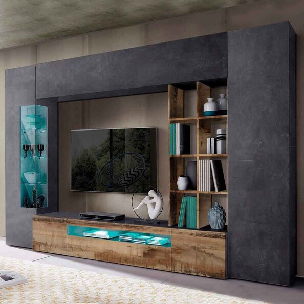 Eindhoven Wooden Entertainment Unit With Bookcase In Slate And Maple Pereira