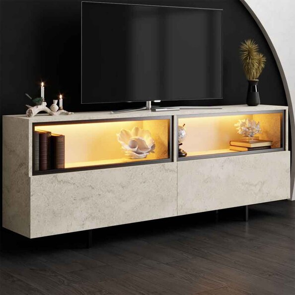 Ekol Up Wooden LED TV Stand with 2 Doors in Travertine Marble Effect