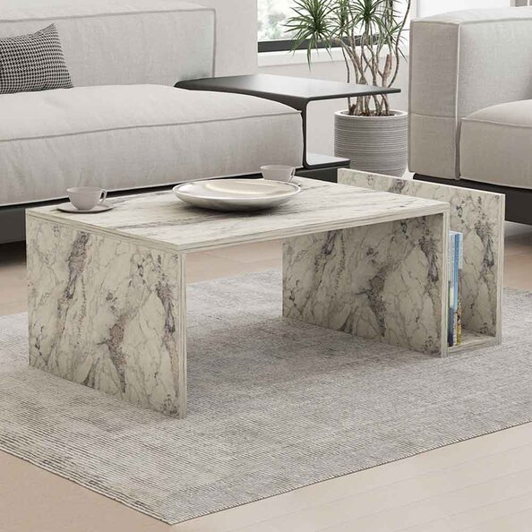 Elara Wooden Coffee Table with Magazine Rack in Freesia Marble Effect