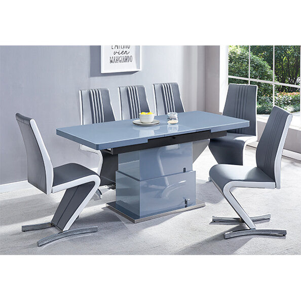 Elgin Convertible Grey Gloss Dining Table 6 Gia Grey White Chairs