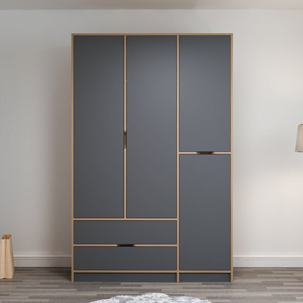 Elina Wooden Wardrobe with 4 Doors in Anthracite and Oak