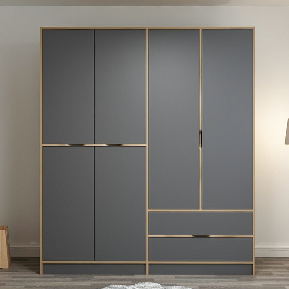 Elina Wooden Wardrobe with 6 Doors in Anthracite and Oak