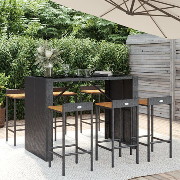Elita Solid Wood 7 Piece Garden Bar Set In Black Poly Rattan