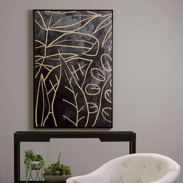 Elmiron Canvas Abstract Leaf Design Wall Art in Black and Gold