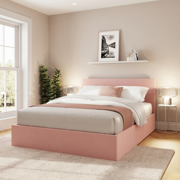 Eltham End Lift Velvet Ottoman Storage Double Bed in Blush Pink