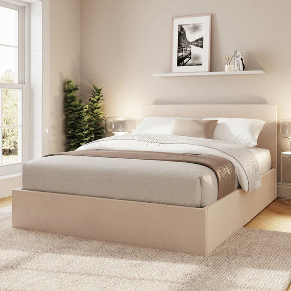 Eltham End Lift Velvet Ottoman Storage Small Double Bed in Natural