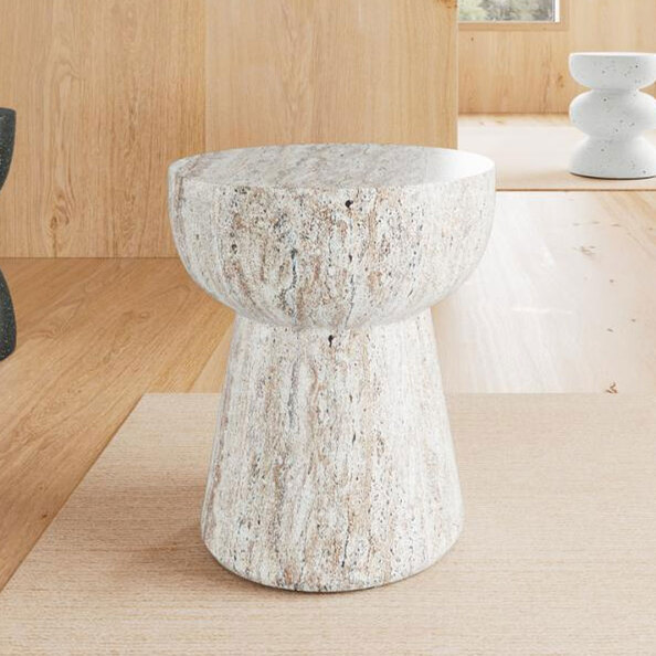 Elthora Round Fiber Cement Side Table in Matt Travertine Marble Effect