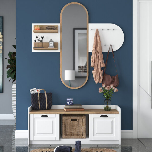 Elvano Wooden Hallway Storage Bench With Coat Rack And Mirror In Walnut White