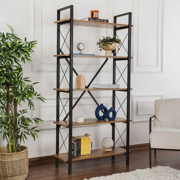 Elyon Wooden Shelving Unit with 5 Shelves in Walnut and Black