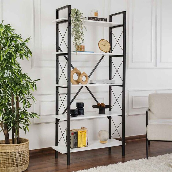 Elyon Wooden Shelving Unit with 5 Shelves in White and Black