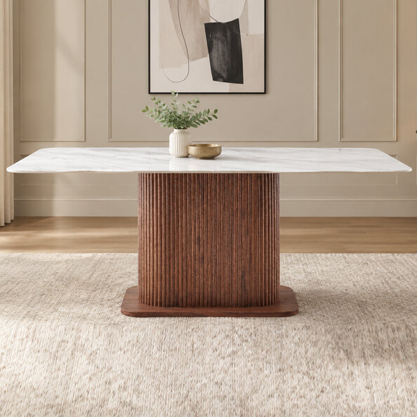 Elzora White Sintered Stone Top Dining Table with Walnut Base