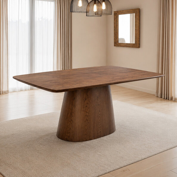 Emery Oak Veneer Dining Table with Cylindrical Base