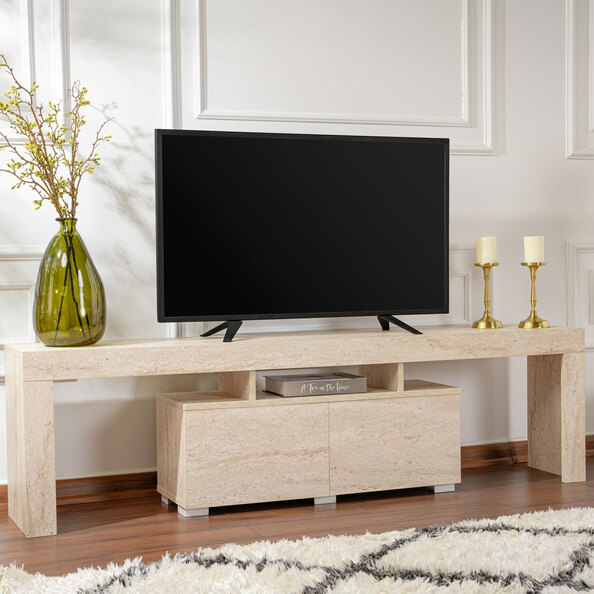 Enclor Wooden TV Stand with 2 Flap Doors in Travertine