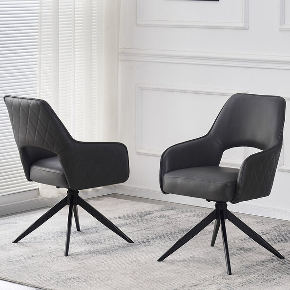 Enid Dark Grey PU Leather Dining Chairs With Black Legs In Pair