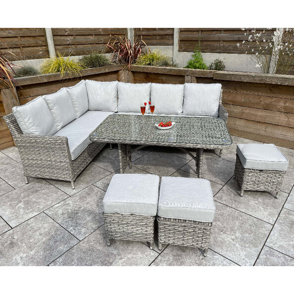 Enola Glass Top Garden Corner Dining Set With Firepit In Grey