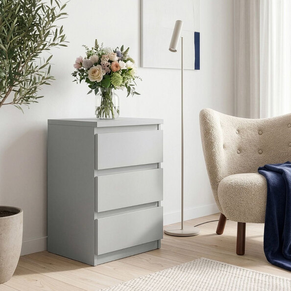Eronis Wooden Bedside Cabinet with 3 Drawers in Light Grey