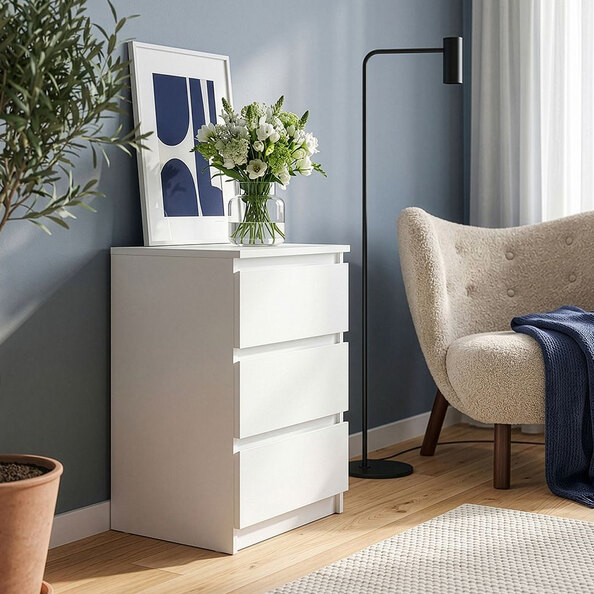 Eronis Wooden Bedside Cabinet with 3 Drawers in White