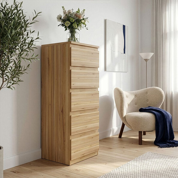 Eronis Tall Wooden Chest Of 5 Drawers in Mauvella Oak