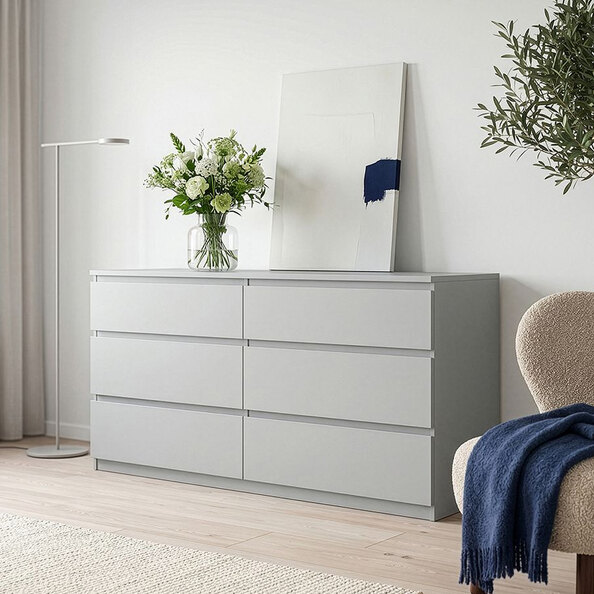 Eronis Wide Wooden Chest Of 6 Drawers in Light Grey