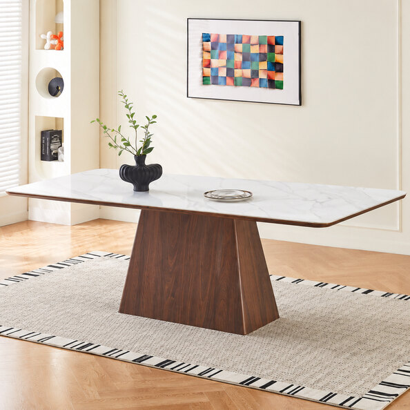 Etrano White Sintered Stone Top Dining Table with Walnut Wooden Base
