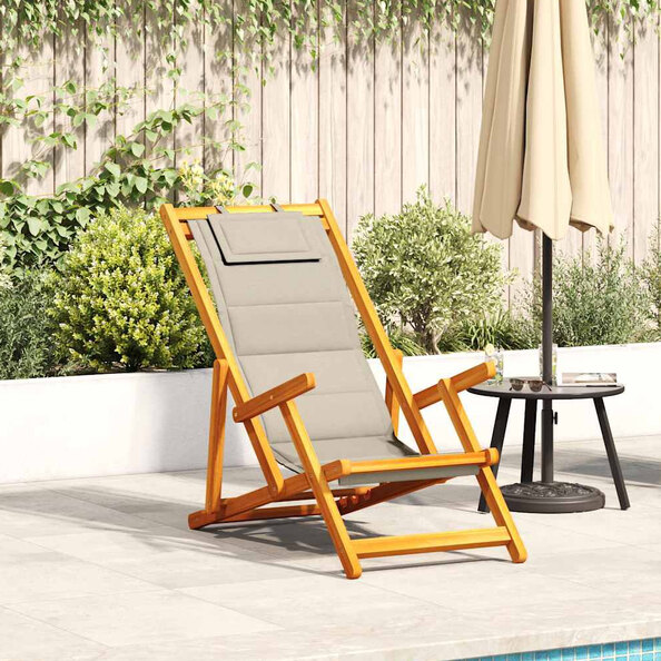 Eugene Wooden Folding Beach Chair With Taupe Fabric Seat