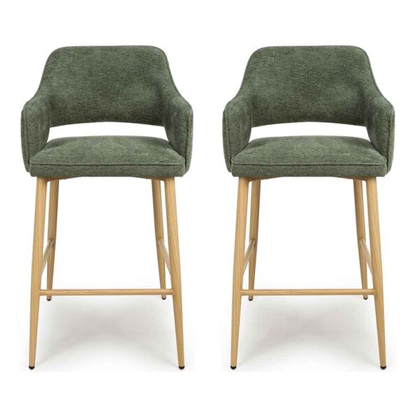 Eureka Green Fabric Bar Chairs with Oak Legs in Pair