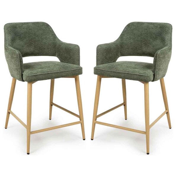 Eureka Green Fabric Counter Bar Chairs with Oak Legs in Pair