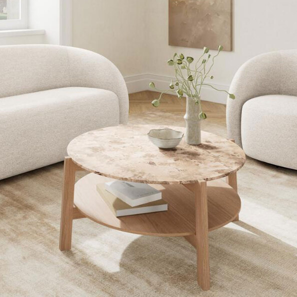 Evandro Matt Latte Brown Lacquered Marble Top Coffee Table with Oak Base