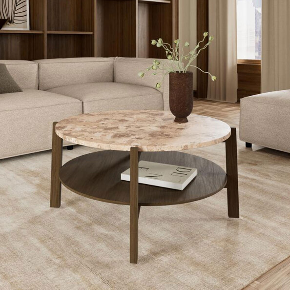 Evandro Matt Latte Brown Lacquered Marble Top Coffee Table with Smoked Oak Base