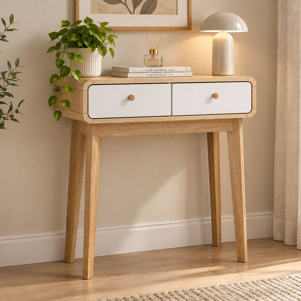 Evarion Wooden Console Table with 2 Drawers in White and Oak