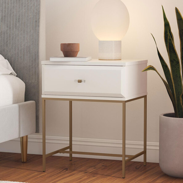 Evlino Wooden Bedside Cabinet with 1 Drawer in White and Gold