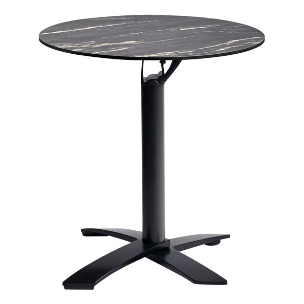 Extro 69cm Round Black Marble Effect Textured Flip Top Dining Table with Sabre Deluxe Base